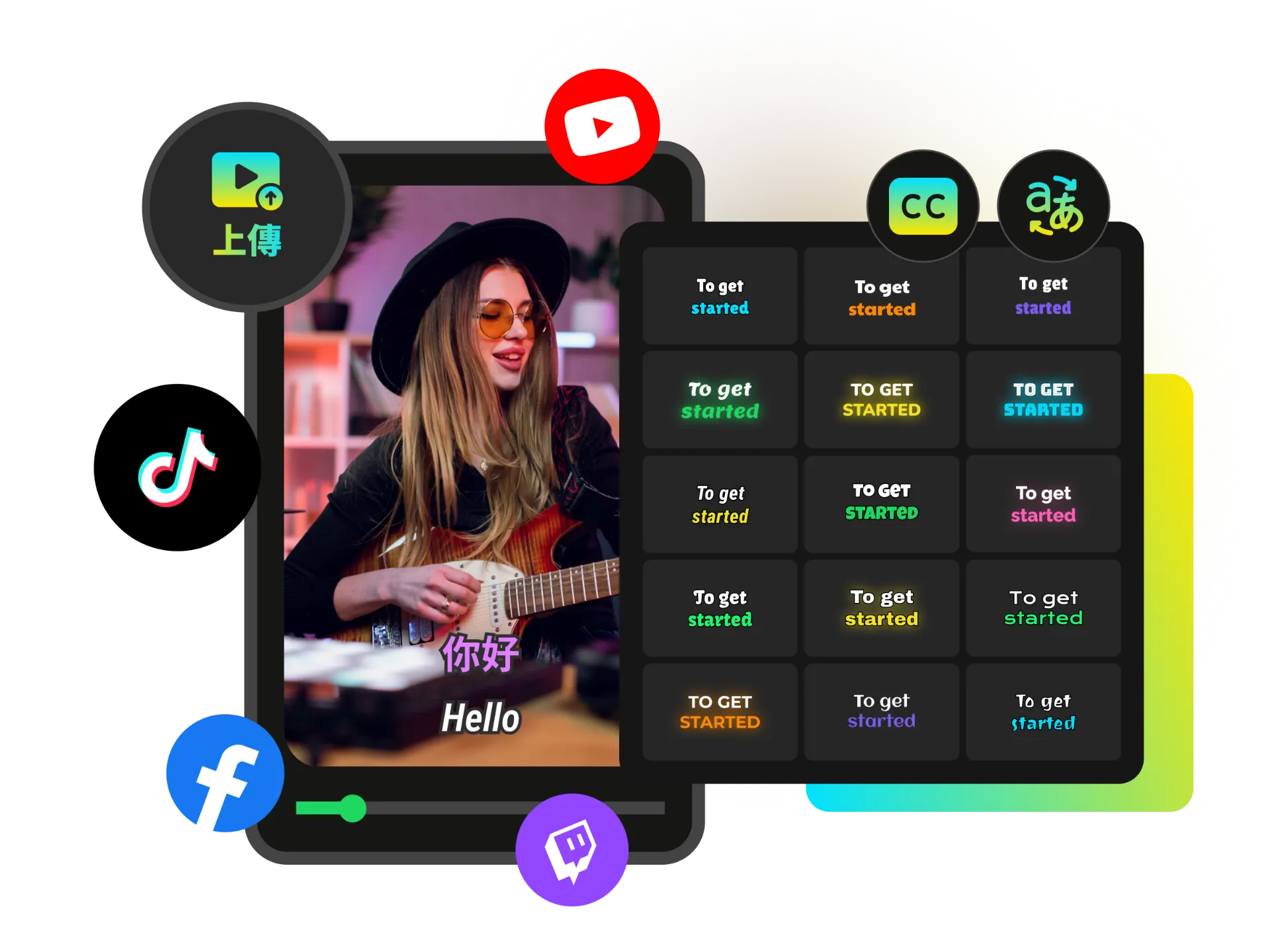 手機螢幕顯示帶有動態多語言字幕的病毒影片